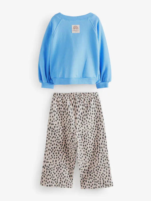 |Girl| Conjunto De Moletom Azul e Calça Jogger Estampada 100% Algodão Perna Larga (3 meses a 7 anos)