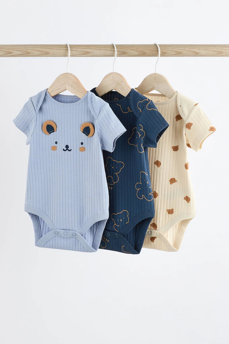 |BabyBoy| Conjunto De 3 Macacões Em Costela Bebê Navy Bear 100% Algodão