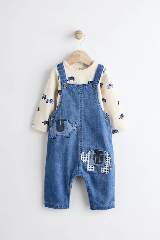 |BabyBoy| Conjunto De Macacão e Macacão Jeans Para Bebê Blue Elephant (0 meses a 2 anos)