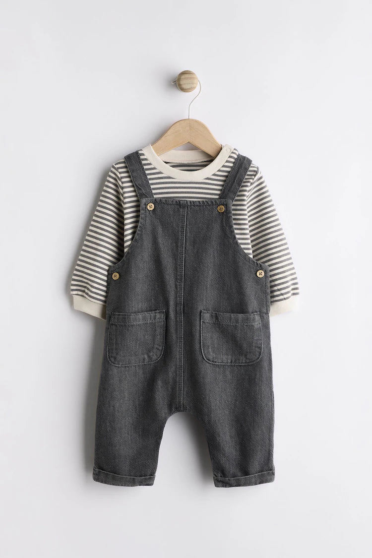 |BabyBoy| Conjunto De Macacão e Macacão Jeans Para Bebê Preto/Cinza (0 meses a 2 anos)