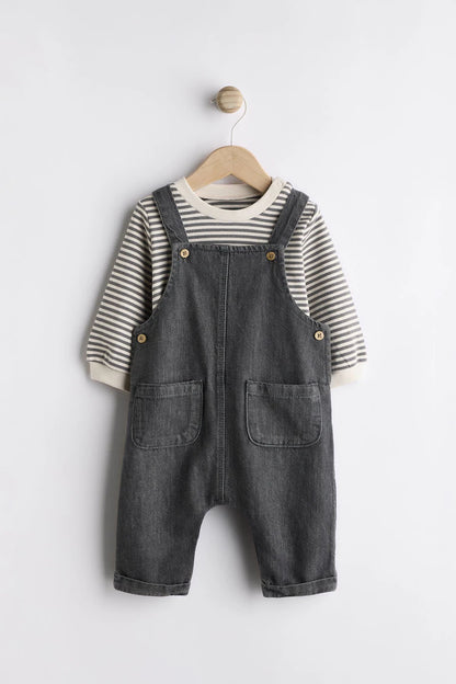 |BabyBoy| Conjunto De Macacão e Macacão Jeans Para Bebê Preto/Cinza (0 meses a 2 anos)