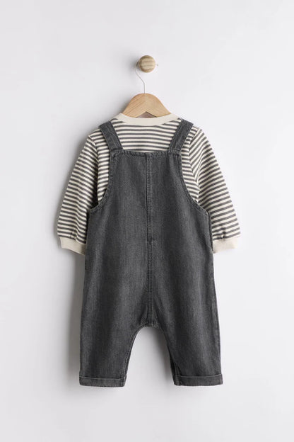 |BabyBoy| Conjunto De Macacão e Macacão Jeans Para Bebê Preto/Cinza (0 meses a 2 anos)