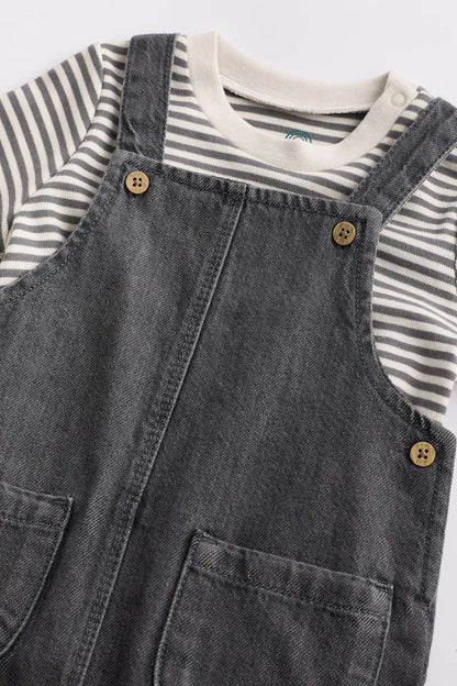 |BabyBoy| Conjunto De Macacão e Macacão Jeans Para Bebê Preto/Cinza (0 meses a 2 anos)