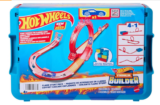 Juego de pistas Hot Wheels, juego de pistas con temática de fuego y 1 auto Hot Wheels, 16 componentes de construcción de pistas y acrobacias en caja de almacenamiento de juguetes apilable, HMC04