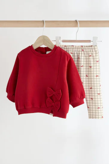 |Niña| Conjunto acogedor de sudadera y leggings de 2 piezas para bebé - Estampado de lazo rojo/blanco