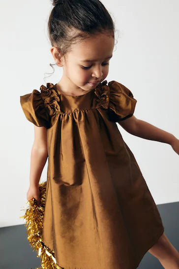 |Girl| Vestido De Festa Com Babados - Tafetá Verde Oliva (3 meses a 8 anos)