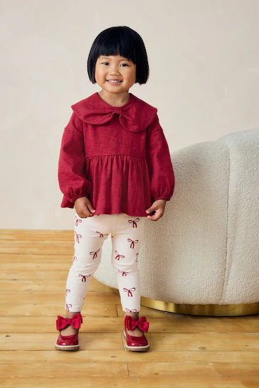 |Girl| Conjunto De Top e Leggings Peplum 100% Algodão - Laço Vermelho (3 meses a 7 anos)