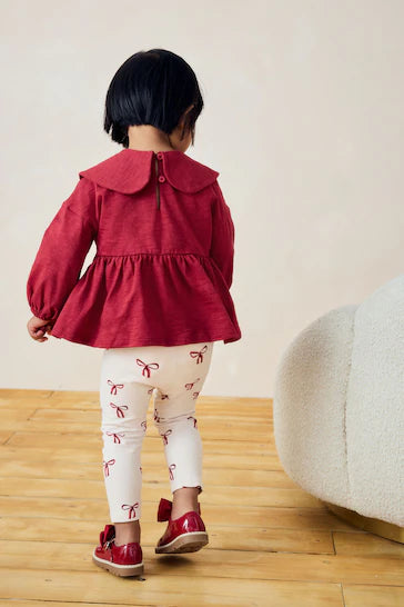 |Niña| Conjunto de top peplum y leggings 100% algodón - Lazo rojo (3 meses a 7 años)