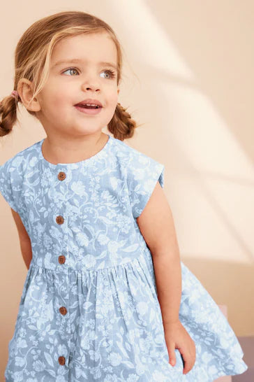 |Niña| Vestido de Verano con Botones - Azul Floral (3 meses a 8 años)