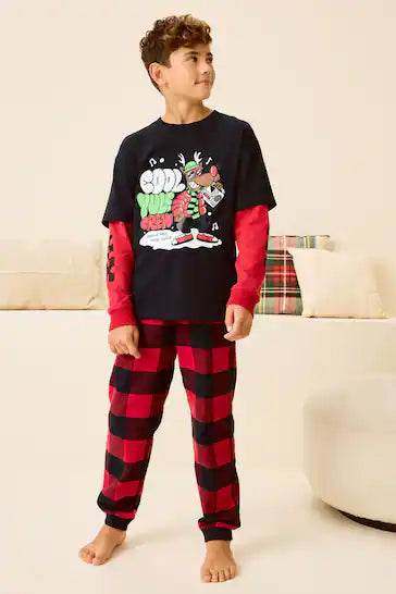 |BigBoy| Pijama Simples De Manga Comprida 100% Algodão – Parte Inferior Em Tecido Xadrez De Rena Vermelho/Preto (3 a 16 anos)