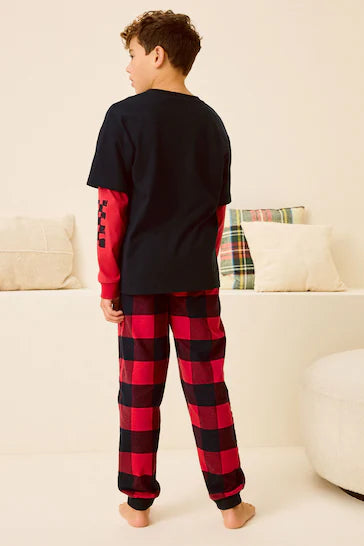 |BigBoy| Pijama Simples De Manga Comprida 100% Algodão – Parte Inferior Em Tecido Xadrez De Rena Vermelho/Preto (3 a 16 anos)