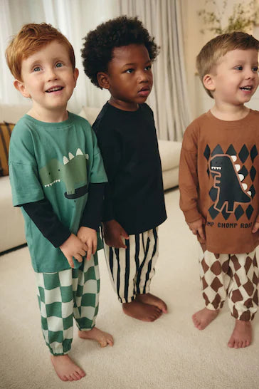 |Niño| Pack de 3 Pijamas Grandes 100% Algodón – Cuadros Verde/Negro/Teja (9 meses a 10 años)