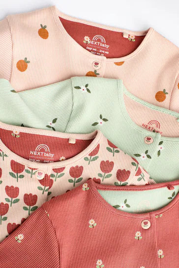 |BabyGirl| Conjunto De 4 Macacões Para Bebês Sem Pés – Floral Verde/Laranja (0 meses a 3 anos)