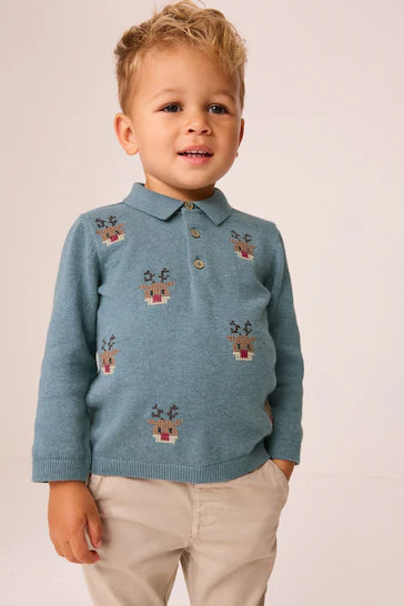 |Boy| Camisa pólo de malha de manga comprida de Natal 100% algodão - Rena Azul (3 meses a 7 anos)