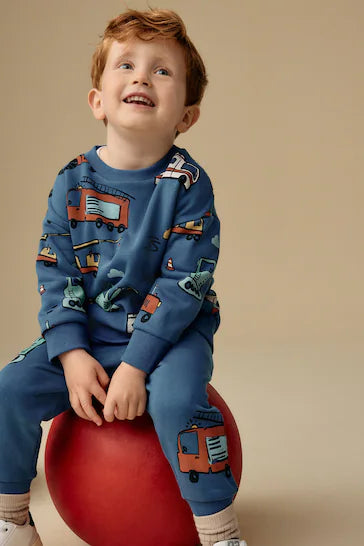 |Boy| Conjunto De Moletom e Jogging 100% Algodão Estampado Com Personagens – Veículos Azuis (3 meses a 7 anos)