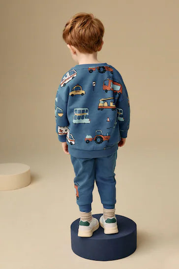 |Boy| Conjunto De Moletom e Jogging 100% Algodão Estampado Com Personagens – Veículos Azuis (3 meses a 7 anos)