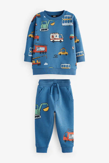 |Boy| Conjunto De Moletom e Jogging 100% Algodão Estampado Com Personagens – Veículos Azuis (3 meses a 7 anos)