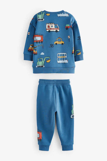 |Boy| Conjunto De Moletom e Jogging 100% Algodão Estampado Com Personagens – Veículos Azuis (3 meses a 7 anos)