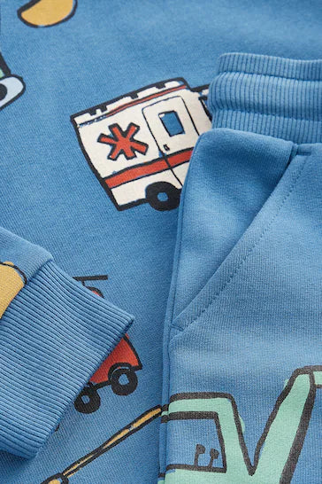 |Boy| Conjunto De Moletom e Jogging 100% Algodão Estampado Com Personagens – Veículos Azuis (3 meses a 7 anos)