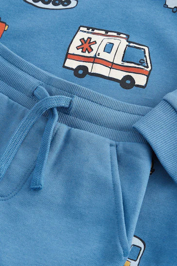 |Niño| Conjunto de sudadera y jogging 100% algodón estampado con personajes - Vehículos azules (3 meses a 7 años)