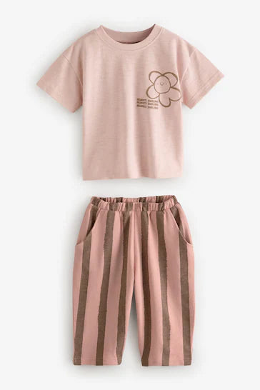 |Boy| Camiseta De Manga Curta e Calças Largas - Flor Rosa Claro (3 meses a 7 anos)