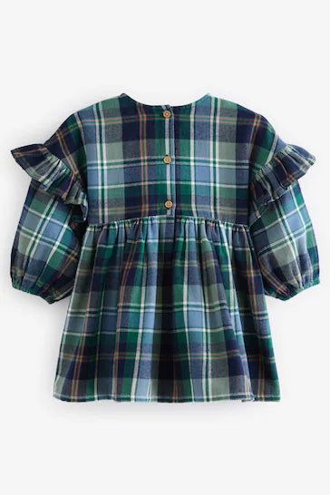 |Girl| Vestido 100% Algodão Com Babados Xadrez - Verde/Azul (3 meses a 8 anos)