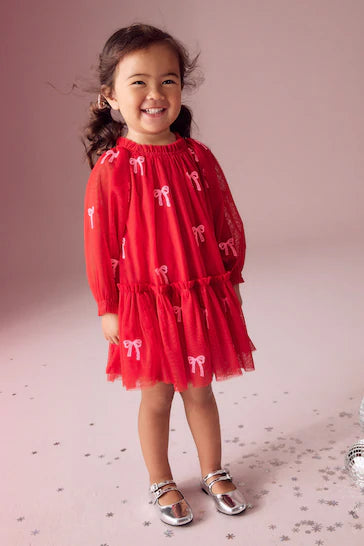 |Girl| Vestido De Festa Em Malha De Lantejoulas Com Laço Vermelho (3 meses a 8 anos)