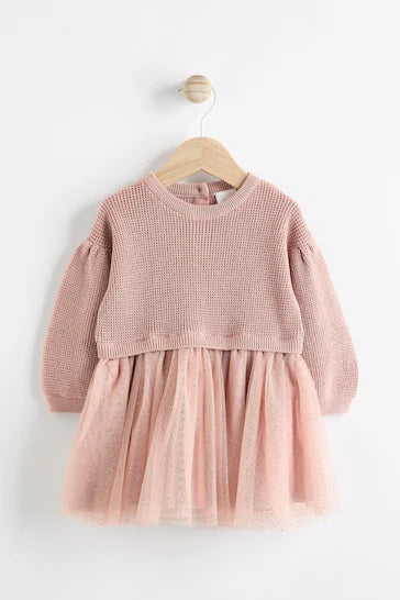 |BabyGirl| Vestido Jumper De Malha Brilhante De Manga Comprida 2 Em 1 - Rosa Escuro (0 meses a 2 anos)