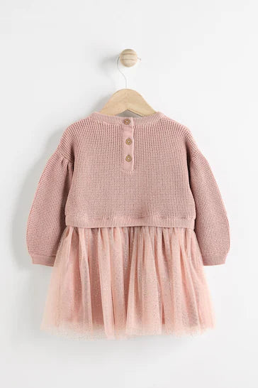 |BabyGirl| Vestido Jumper De Malha Brilhante De Manga Comprida 2 Em 1 - Rosa Escuro (0 meses a 2 anos)