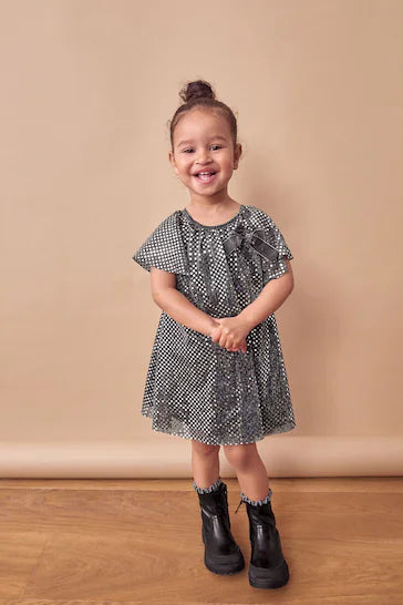 |Girl| Vestido De Festa Com Lantejoulas Manga Anjo – Laço Carvão (3 meses a 10 anos)