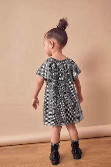 |Niña| Vestido de fiesta con lentejuelas y manga de ángel – Lazo carbón (3 meses a 10 años)