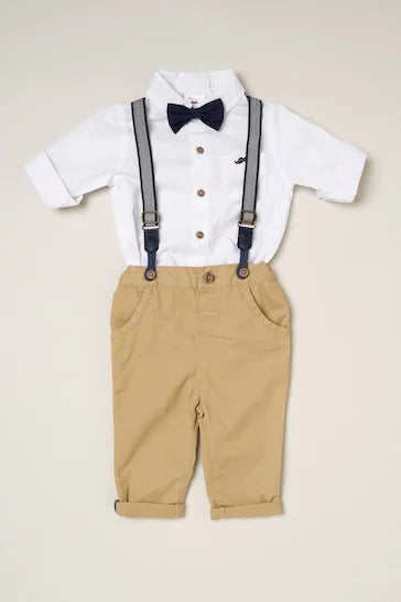 |BabyBoy| Little Gent Natural Camisa Bodysuit Bowtie Loop Brace e Conjunto de roupa de calças