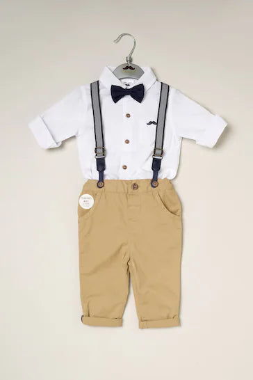 |BabyBoy| Little Gent Natural Camisa Bodysuit Bowtie Loop Brace e Conjunto de roupa de calças