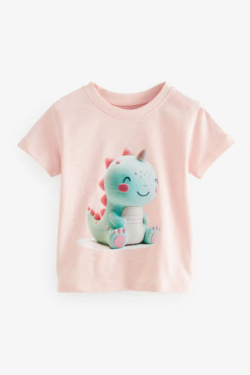 |Niño| Camiseta Manga Corta 100% Algodón - Dinosaurio Lindo Rosa (3 meses a 7 años)