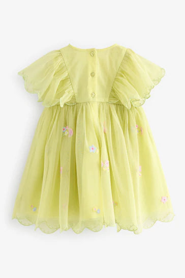 |Niña| Vestido de fiesta de malla bordada verde (3 meses a 7 años)