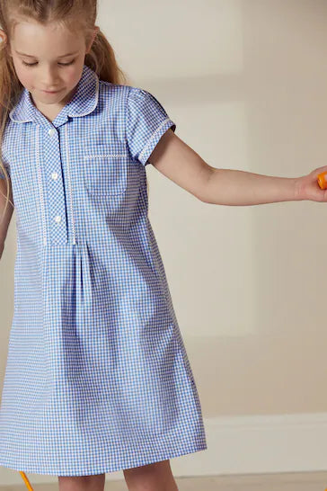 |Girl| Vestido Escolar Guingão De Renda Com Botões Frontais De Algodão (3-14 anos)