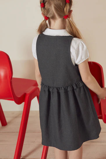 |Girl| Pinafore Escolar Cintura Com Babado Frontal Cinza (3-14 anos)