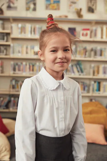 |Girl| Camisa Escolar Branca De Manga Comprida Gola Bonita (3-14 anos)