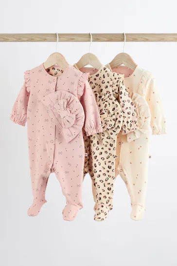 |Niña| Pack de 3 Pijamas de Bebé Rosa con Turbante a Juego (0 meses a 2 años)