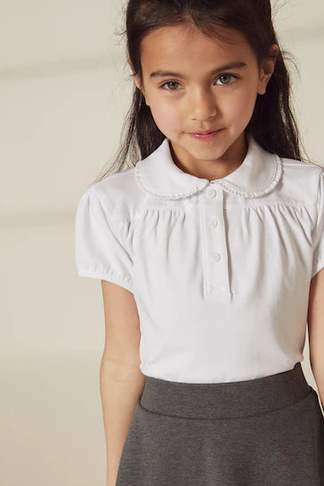 |Girl| Blusa Escolar Branca De Algodão Elástico Gola Bonita (3-14 anos)