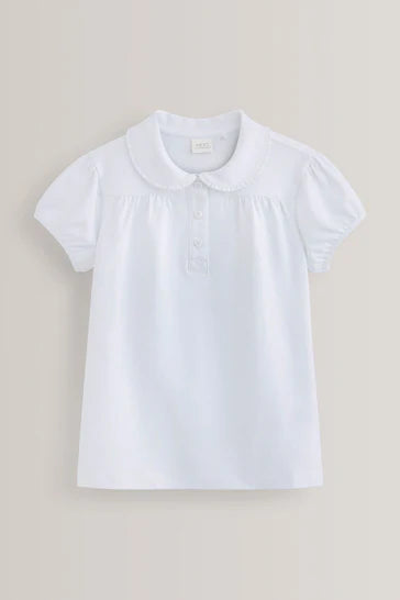 |Girl| Blusa Escolar Branca De Algodão Elástico Gola Bonita (3-14 anos)