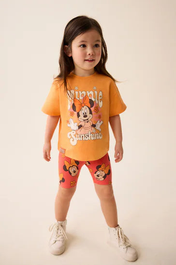 |Niña| Conjunto de camiseta naranja y pantalones cortos de ciclismo de Minnie Mouse de Disney (3 meses - 7 años)