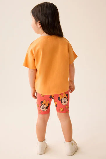 |Niña| Conjunto de camiseta naranja y pantalones cortos de ciclismo de Minnie Mouse de Disney (3 meses - 7 años)