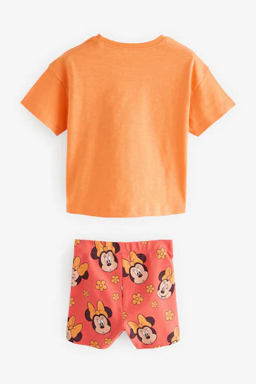 |Niña| Conjunto de camiseta naranja y pantalones cortos de ciclismo de Minnie Mouse de Disney (3 meses - 7 años)