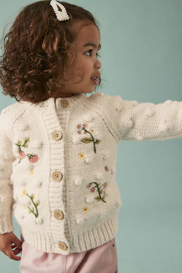 |Girl| Cardigan Bobble De Malha Robusta - Ecru Cream Marl (3 meses a 10 anos)