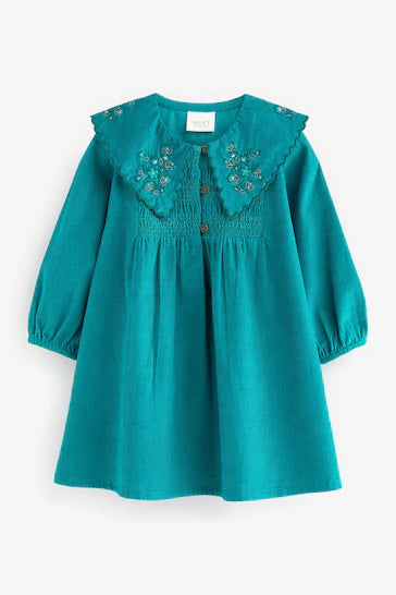 |Girl| Vestido Com Cordão De Gola Bordado - Teal Green (3 meses a 7 anos)