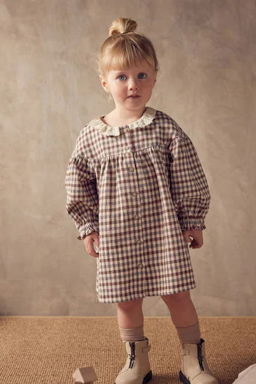 |Girl| Vestido Com Gola De Renda - Beige Check (3 meses a 8 anos)