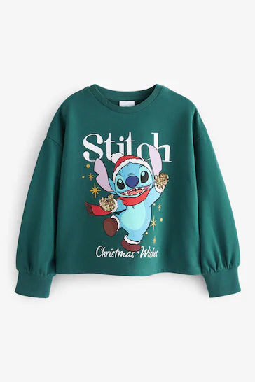 |Niña| Top navideño navideño de manga larga con lentejuelas - Stitch Verde (3-16 años)