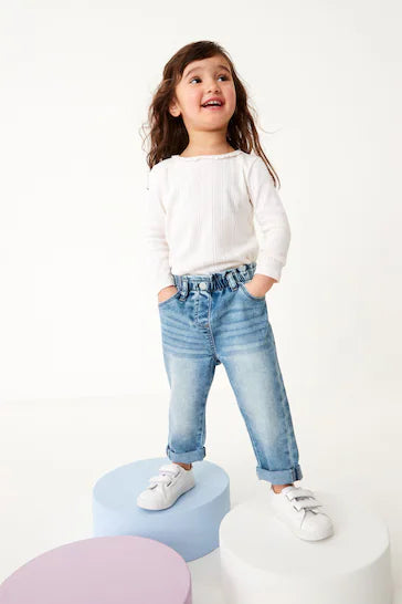 |Girl| Mom Jeans - Denim Mid Wash (3 meses a 7 anos)