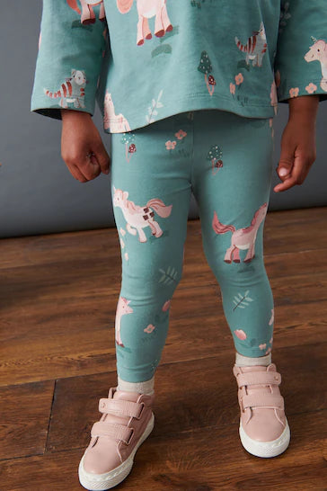 |Niña| Leggings de punto estampado - Unicornio verde (3 meses a 7 años)